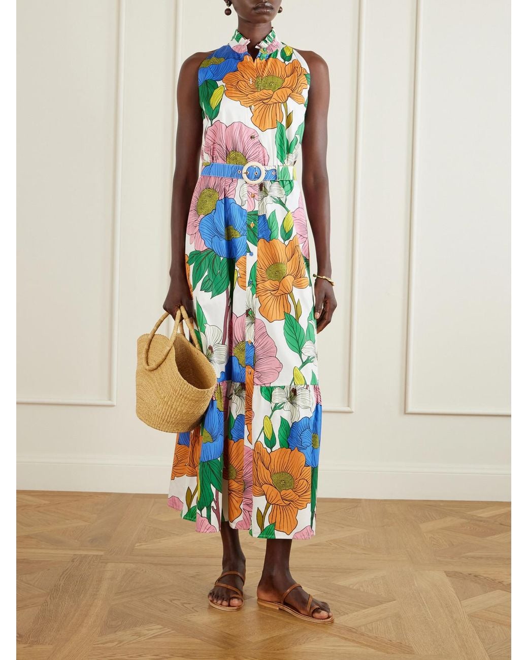 Borgo De Nor White Biba Tiered Printed Cotton-Poplin Maxi Dress