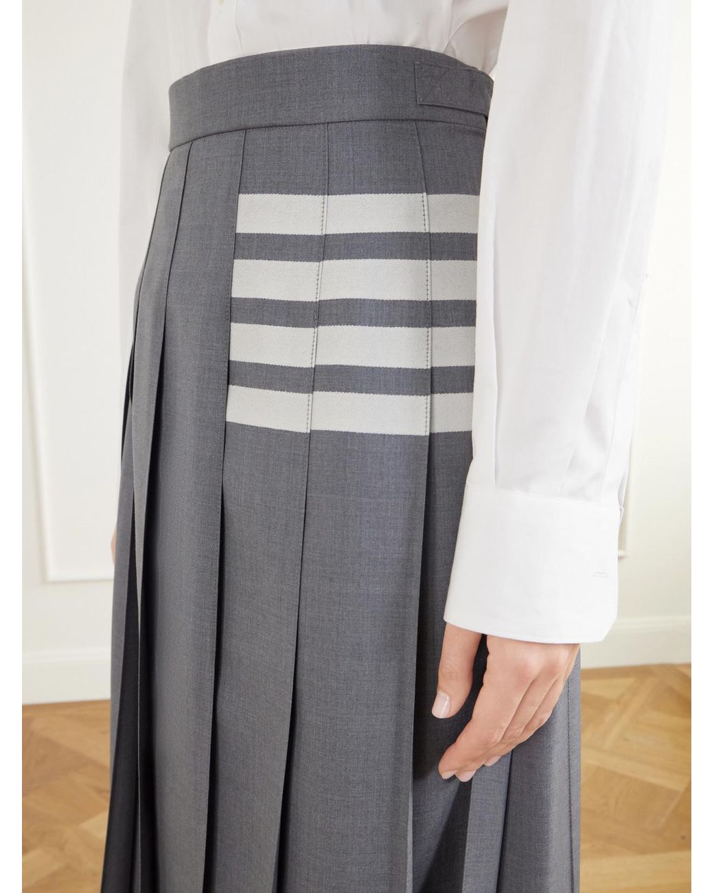Thom Browne Blue Pleated 4-Bar Woven Wool Midi-Skirt