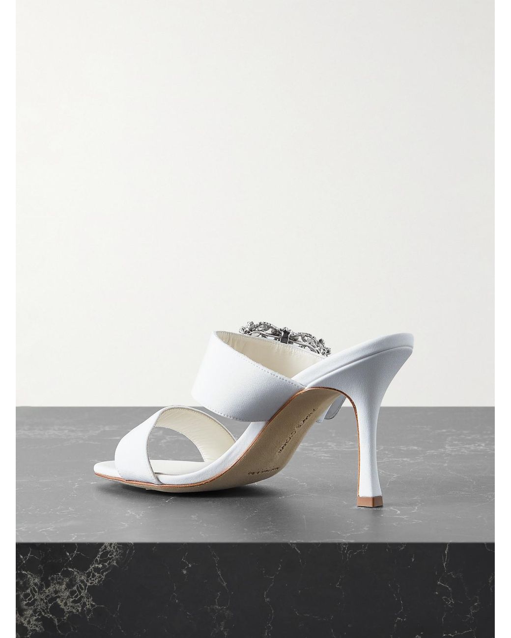 Manolo Blahnik White Gable 90 Buckled Crepe De Chine Mules