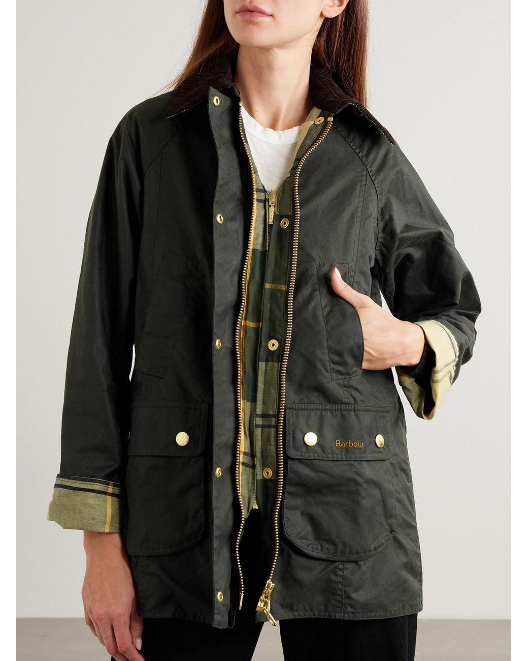 Barbour Gray Beadnell Corduroy-Trimmed Waxed-Cotton Jacket