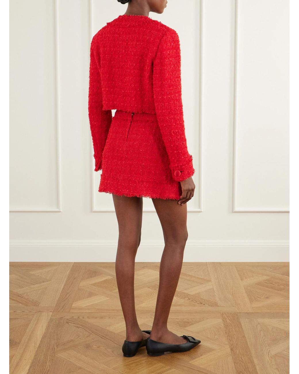 Dolce & Gabbana Red Cropped Frayed Cotton-Blend Tweed Jacket