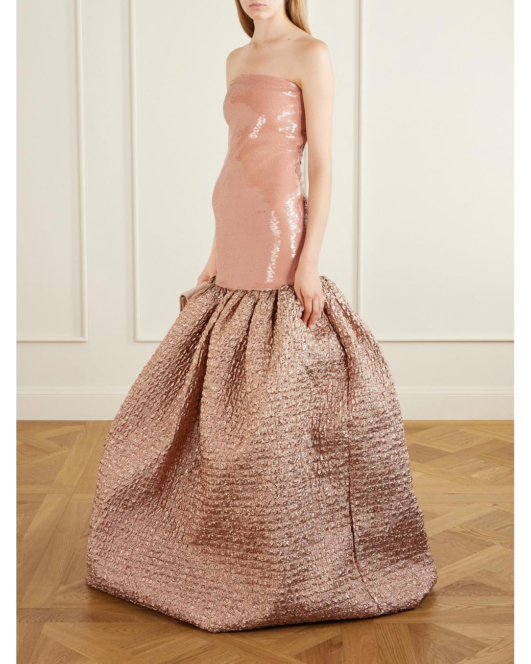 Dima Ayad Pink Sequin-Embellished Cloqué Gown