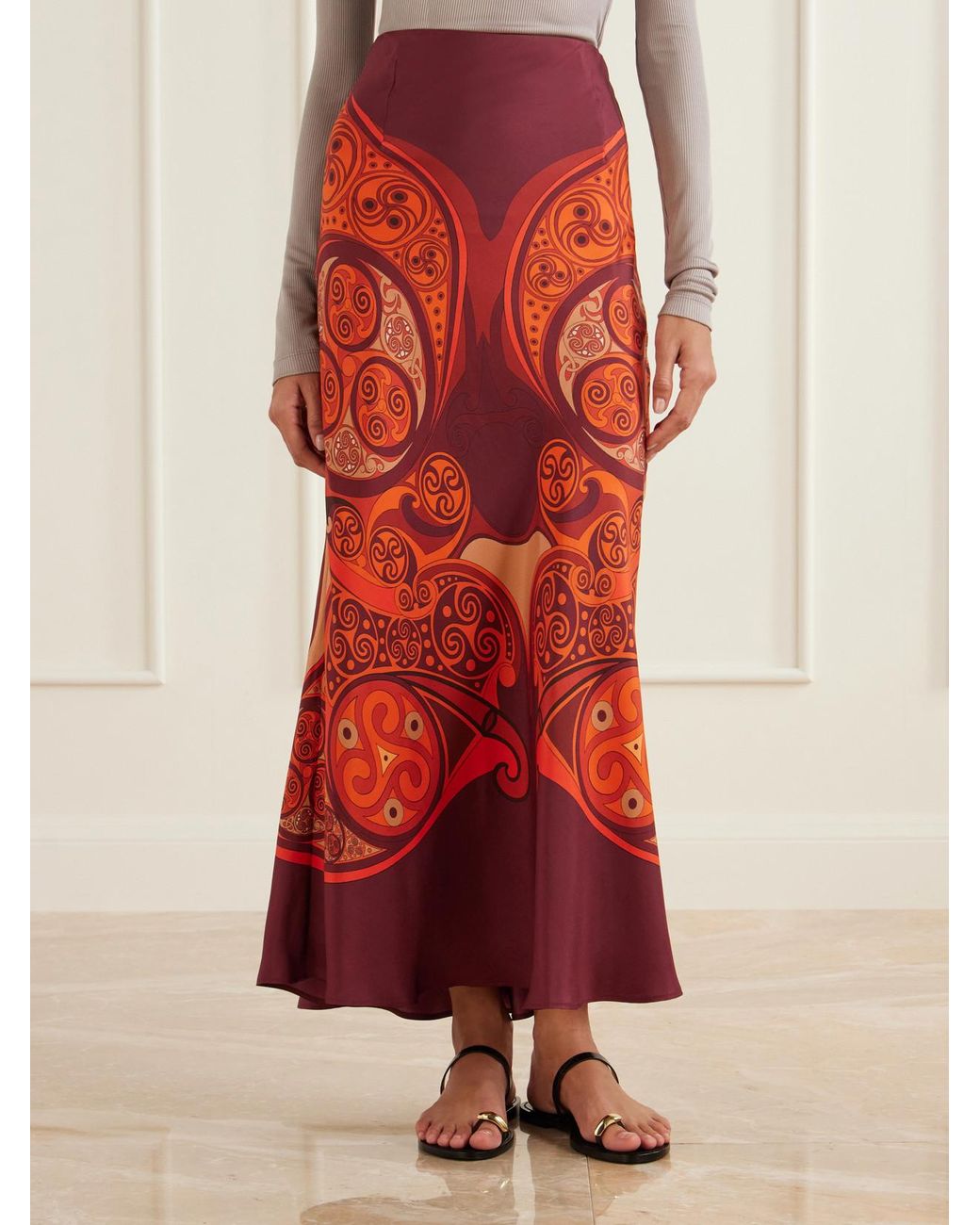 LaDoubleJ Red Sleek Printed Silk-Twill Maxi Skirt