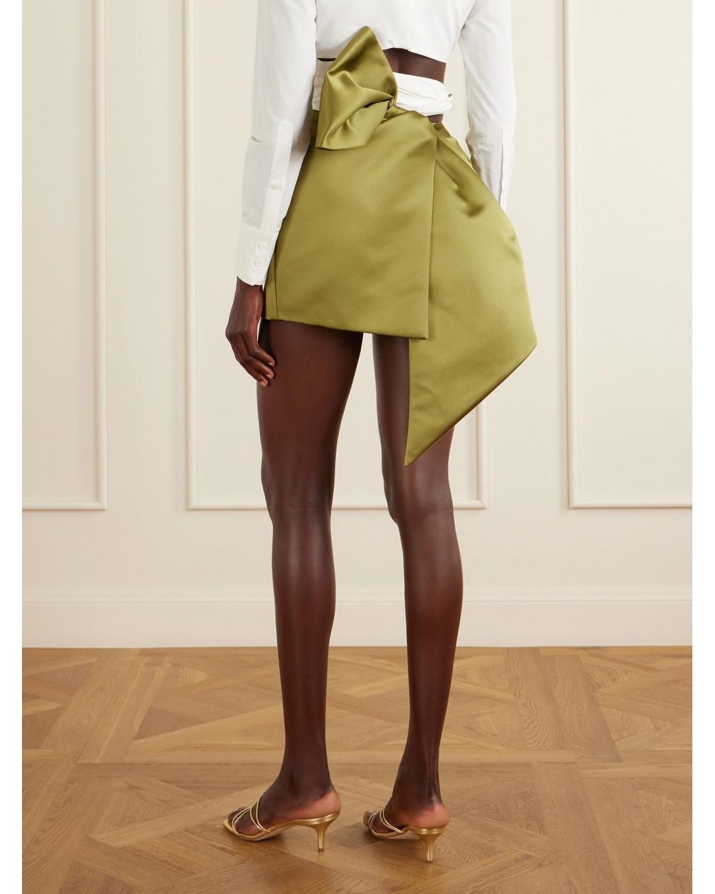 Oscar de la Renta Green Satin Draped Mini Skort