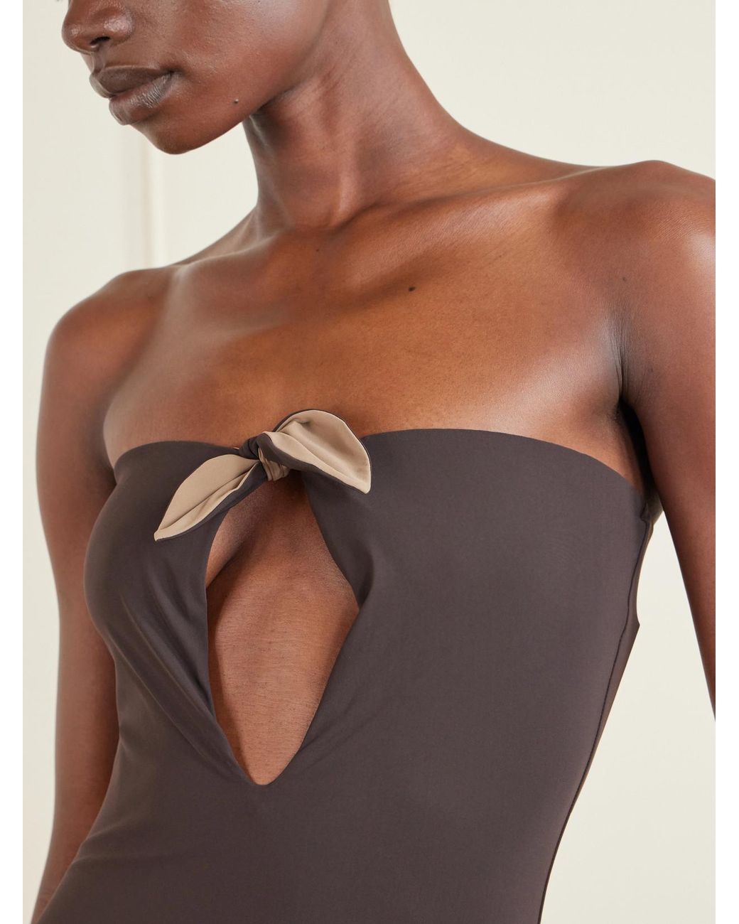 Saint Laurent Brown Bow-Detailed Strapless Swimsuit