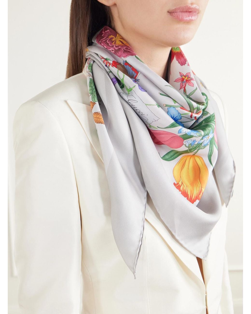 Gucci Gray Flora Floral-Print Silk-Twill Scarf
