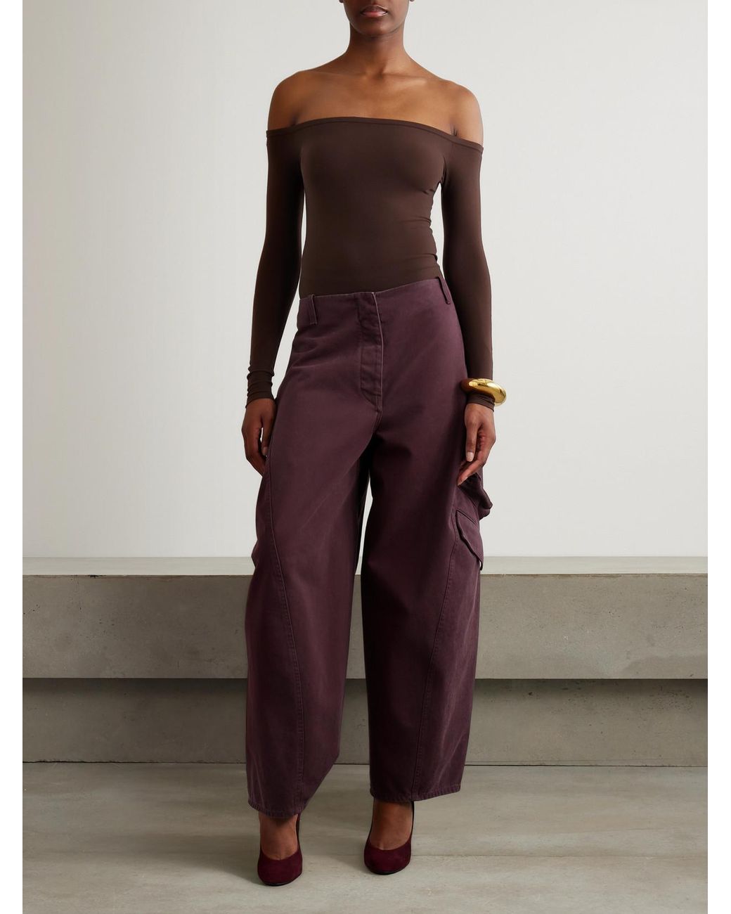 Alaïa Brown Off-The-Shoulder Stretch-Jersey Bodysuit