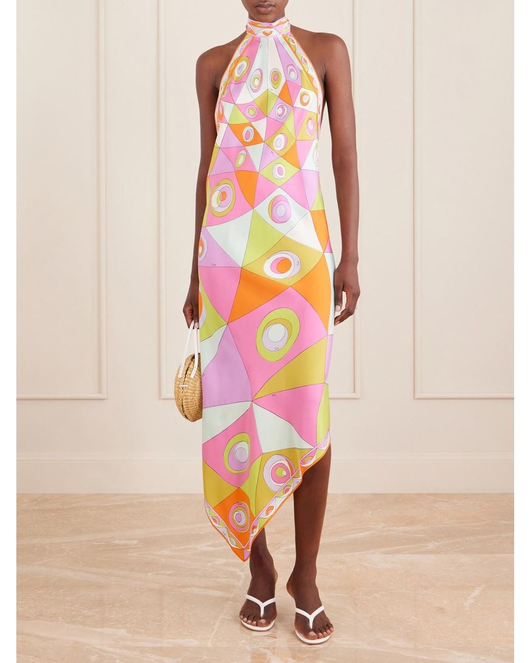 Emilio Pucci White Asymmetric Printed Silk-Twill Halterneck Midi Dress