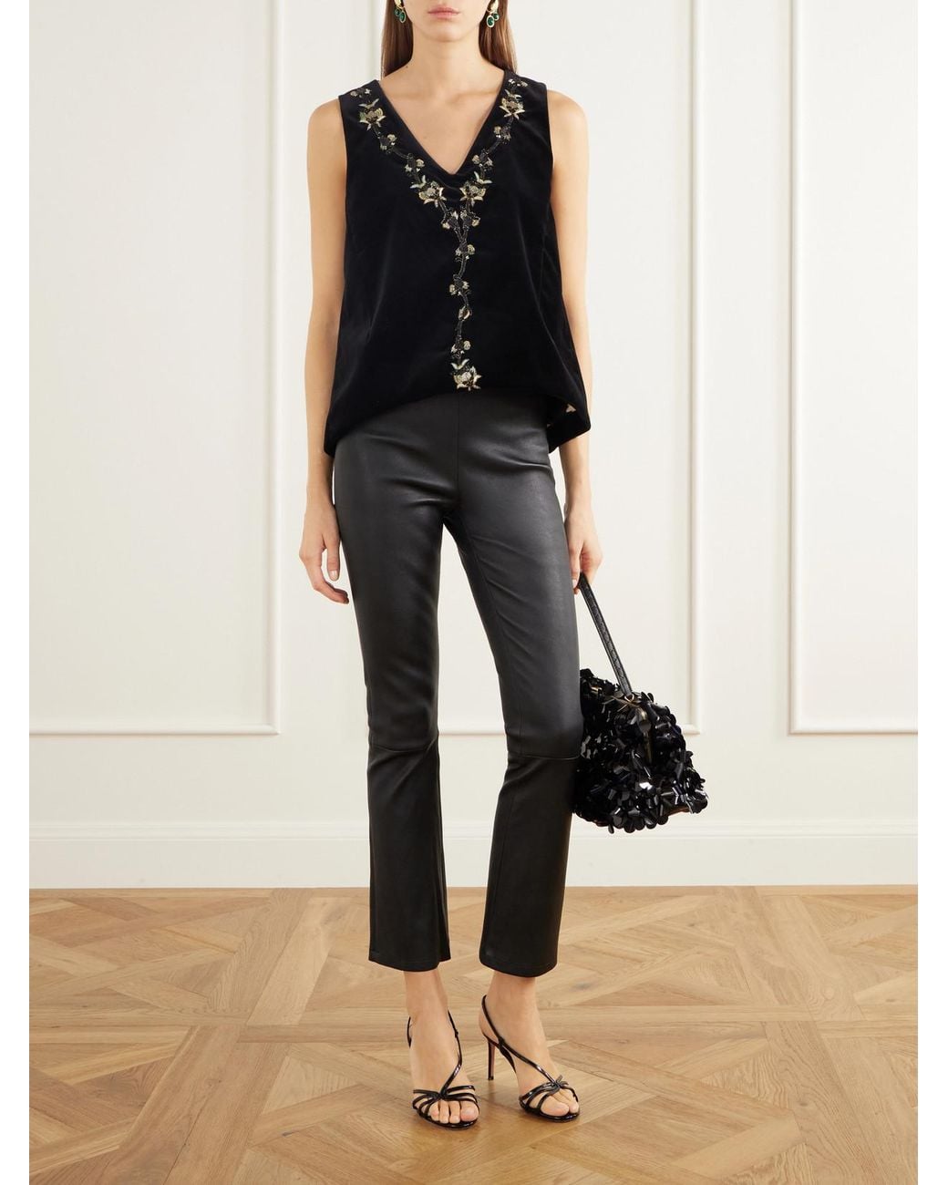 LaDoubleJ Black La Scala Bead-Embellished Embroidered Cotton-Velvet Top