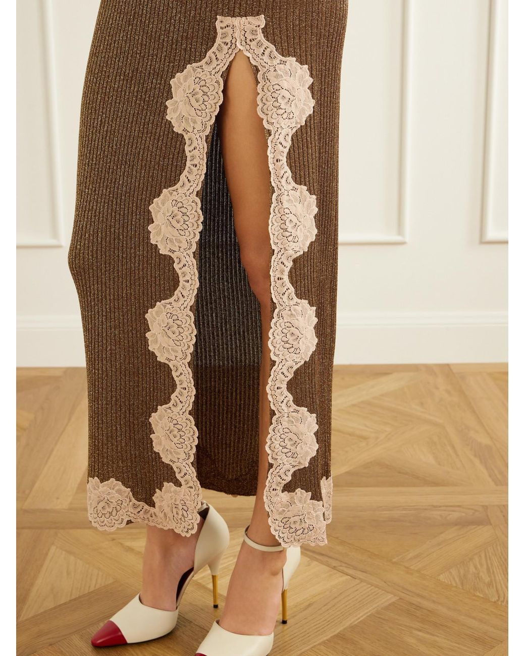 Valentino Garavani Natural Lace-Trimmed Ribbed Lurex Midi Skirt