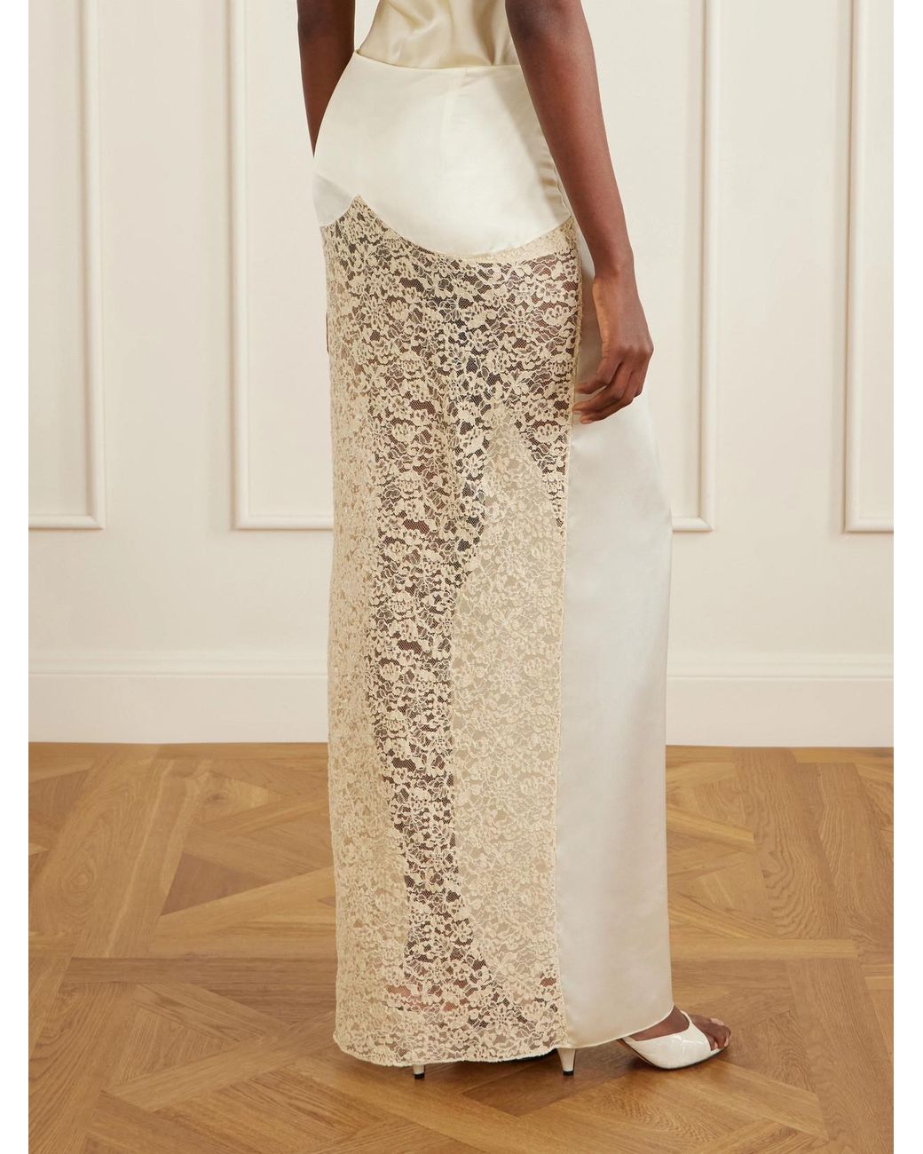 Colleen Allen White Lace-Trimmed Silk-Satin Maxi Skirt