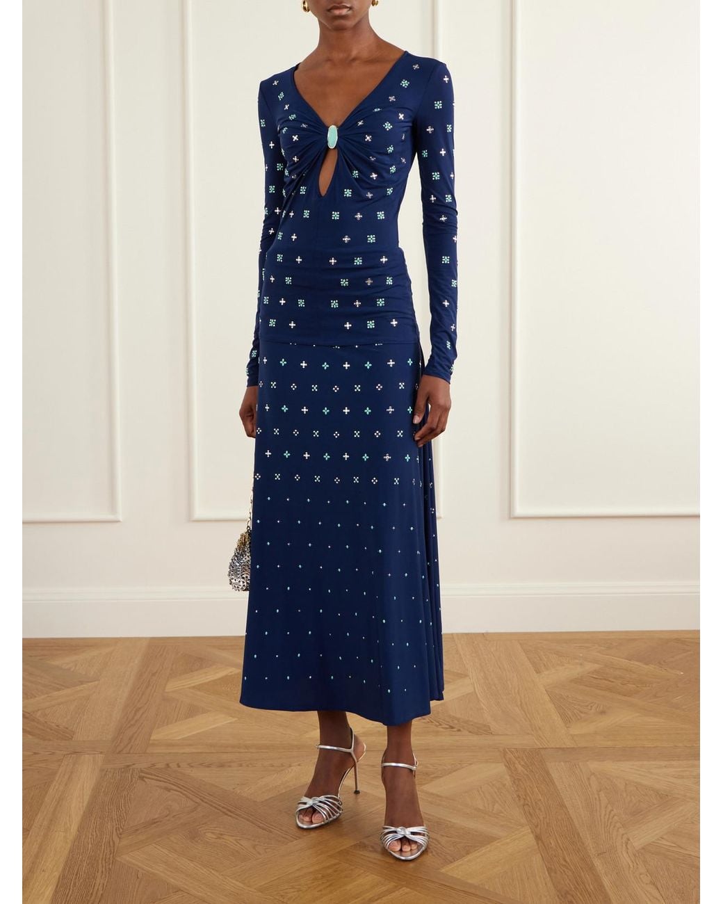 Rabanne Blue Embellished Stretch-Jersey Maxi Skirt