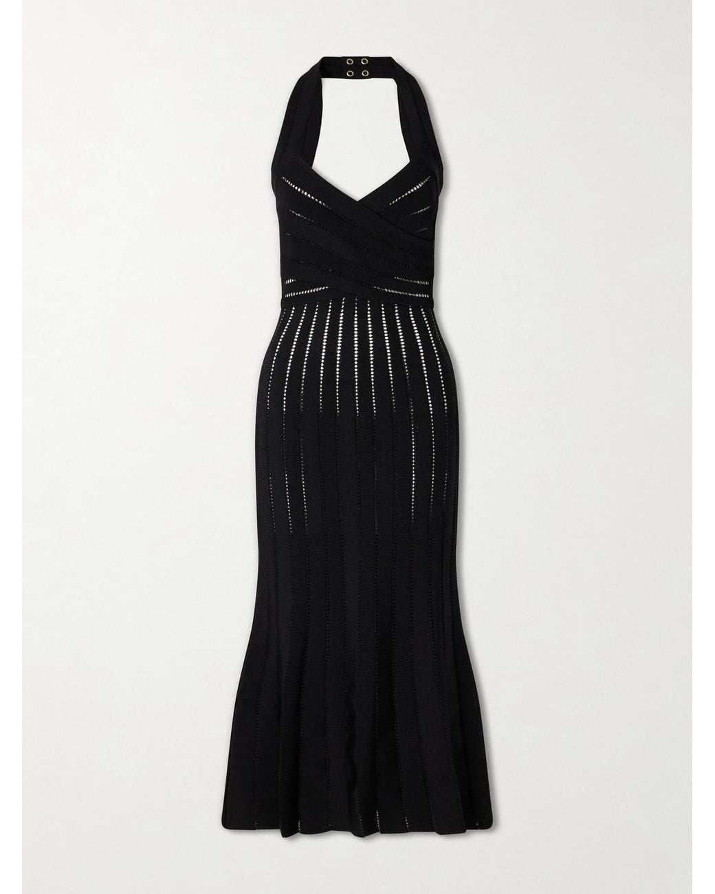 Balmain Black Flechage Jersey Halterneck Midi Dress
