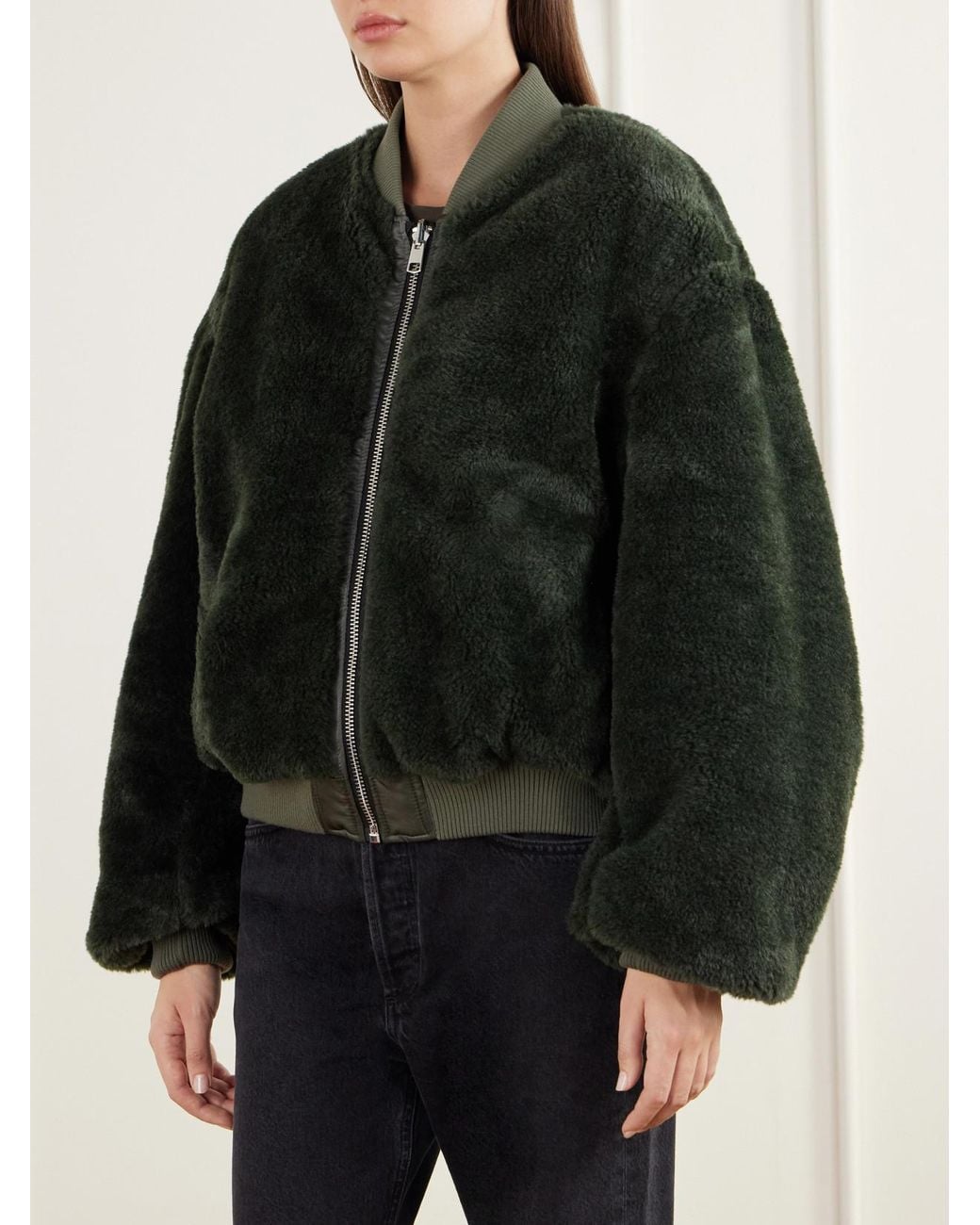 Agolde Green Frankie Reversible Plush And Satin Shell Bomber Jacket