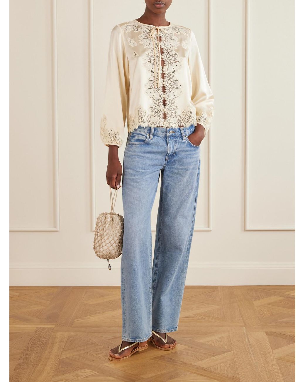 Doen Natural Lucine Lace-Trimmed Silk-Satin Blouse