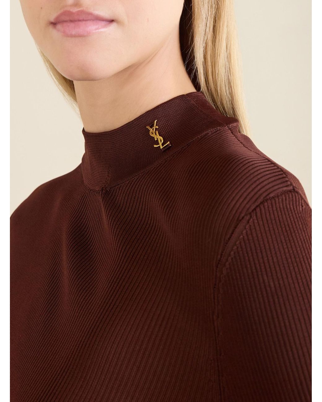 Saint Laurent Brown Cassandre-Embellished Ribbed Silk Top