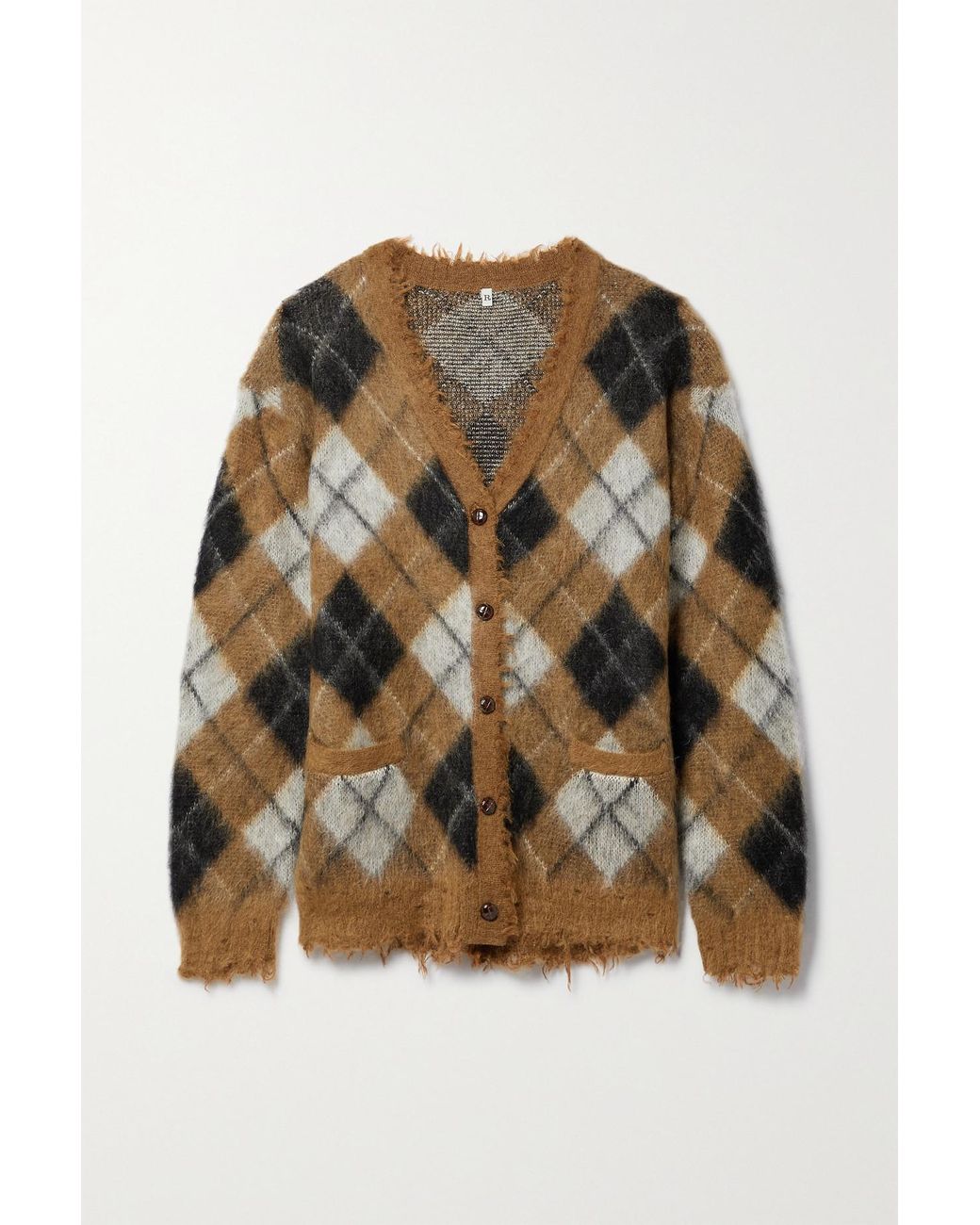 R13 Distressed Argyle Jacquard-knit Cardigan in Brown | Lyst