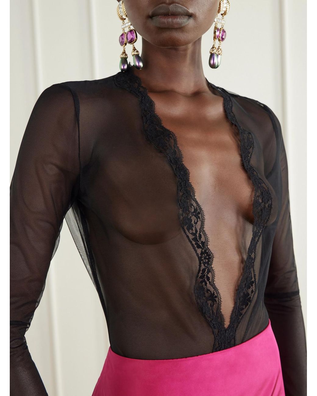 Valentino Garavani Gray Lace-Trimmed Mesh Bodysuit