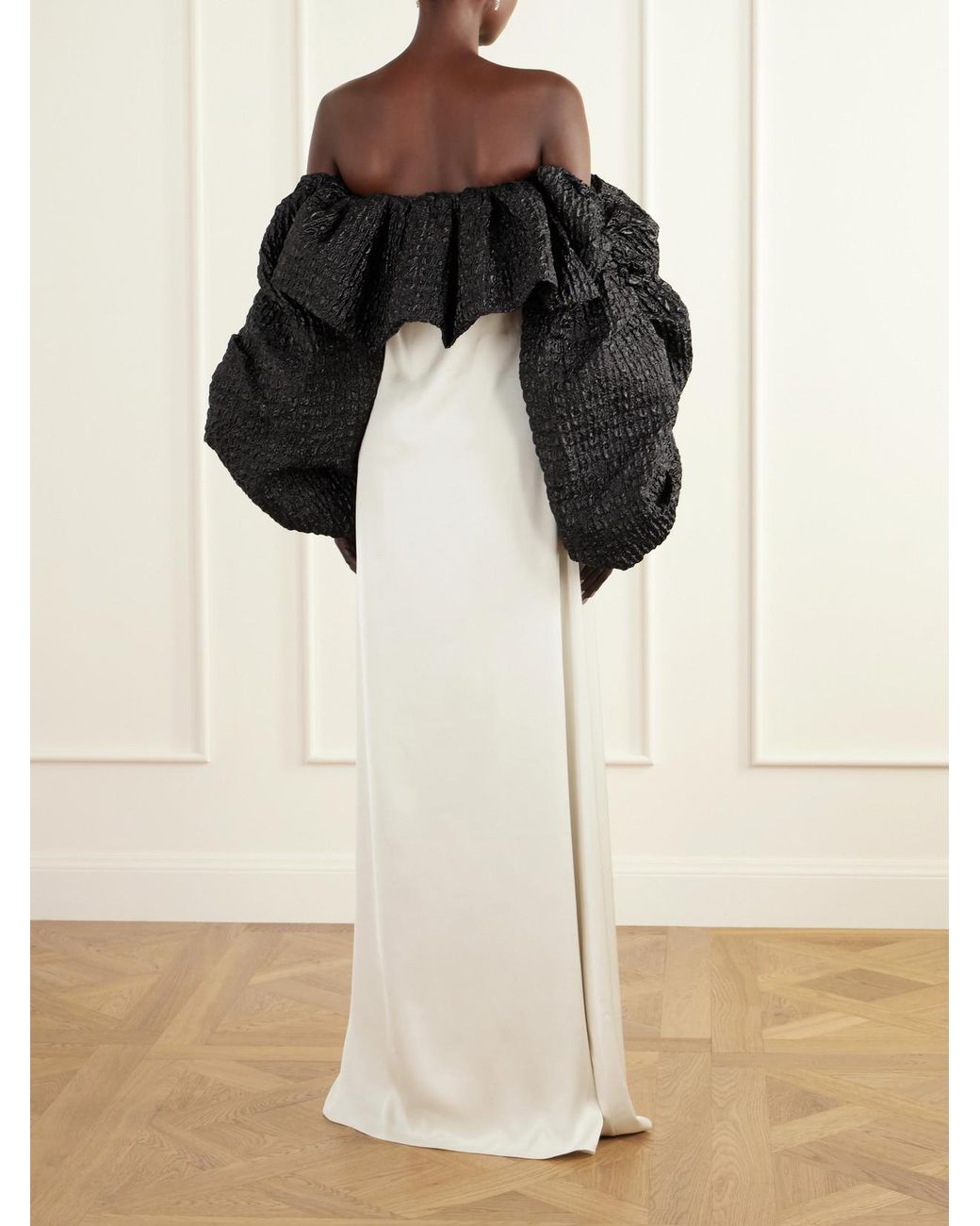 Dima Ayad Black Off-The-Shoulder Cloqué-Trimmed Satin Gown