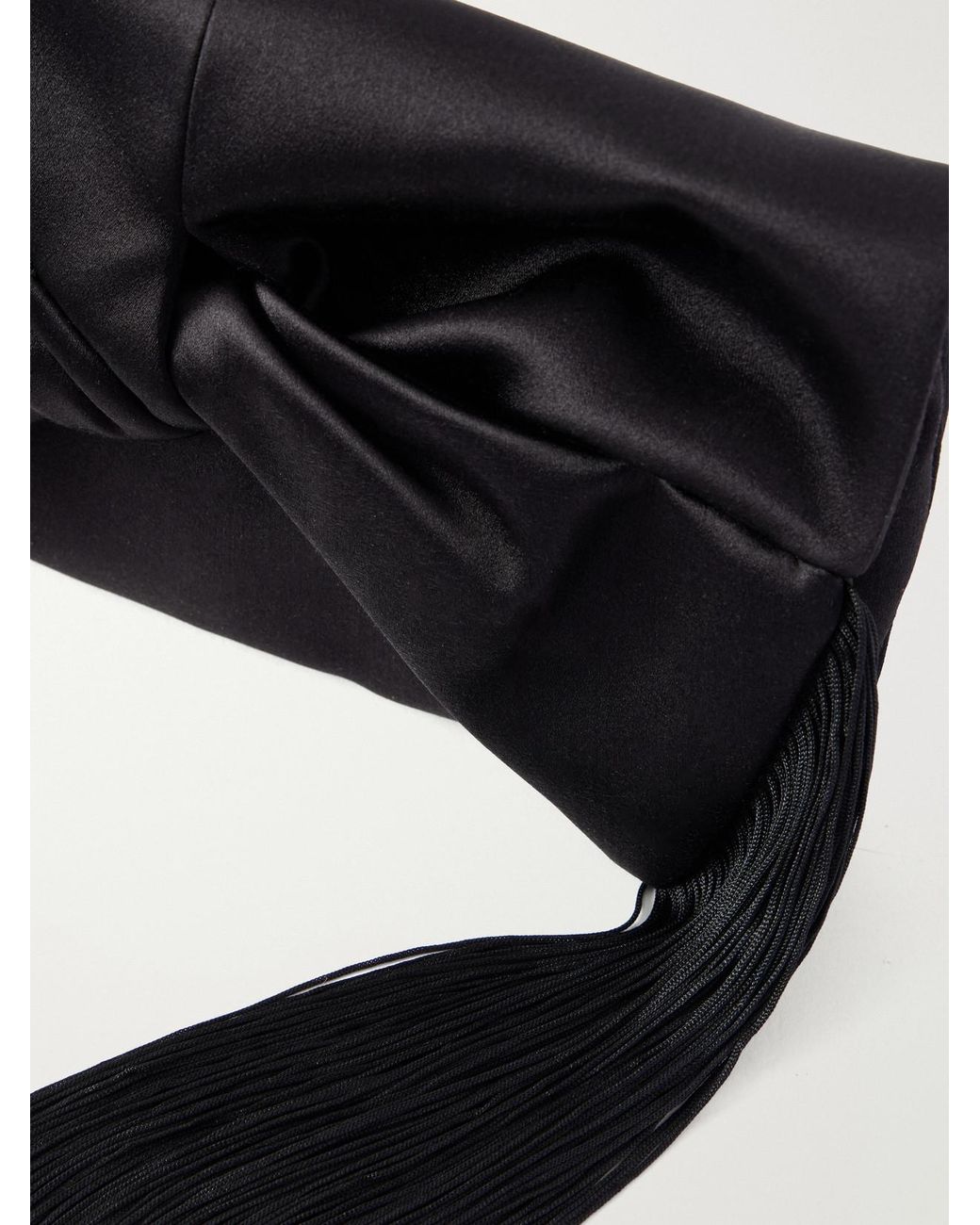 Anya Hindmarch Black Bow Fringed-Trimmed Satin Clutch