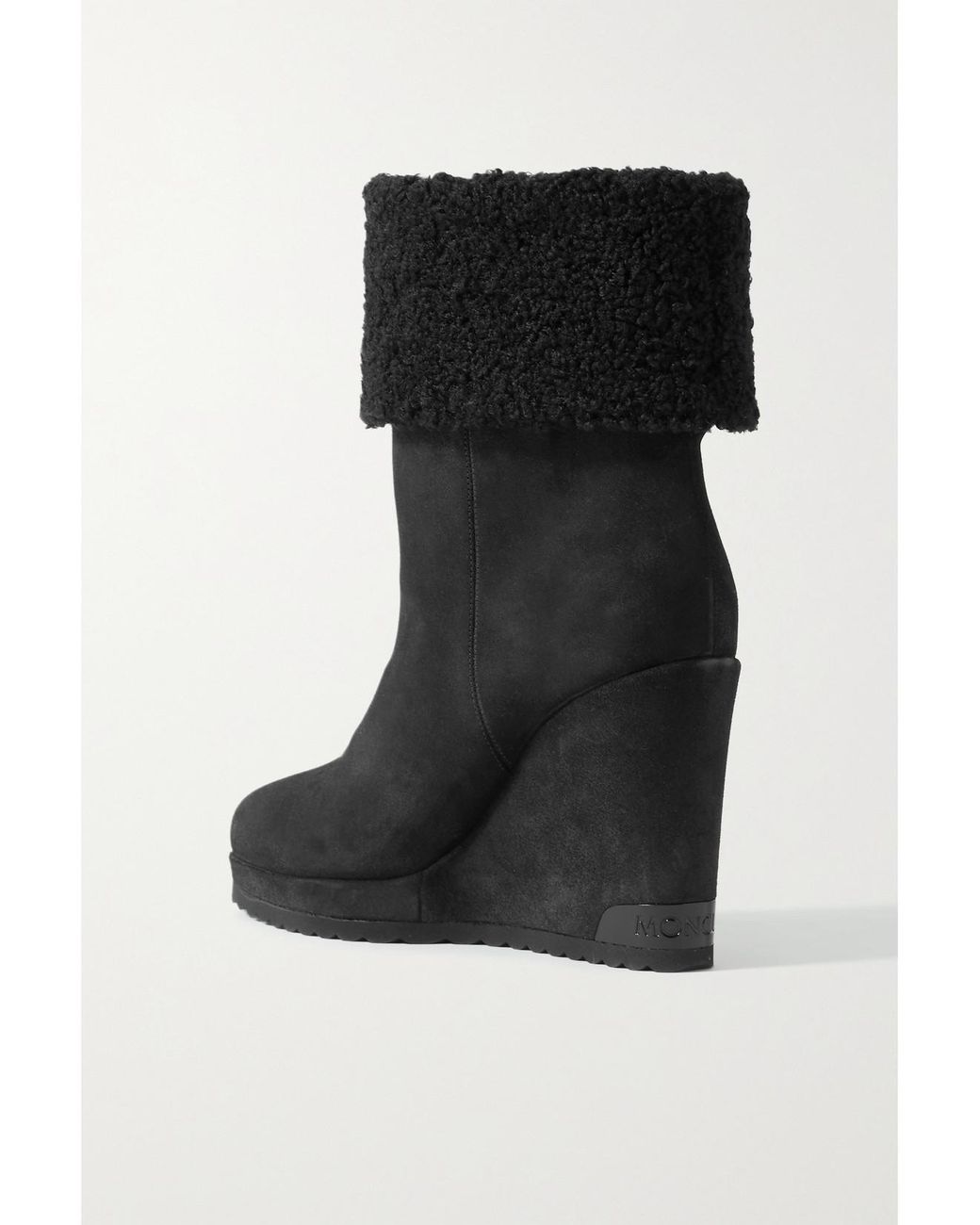 Moncler Black W Short Plush-Lined Suede Wedge Ankle Boots