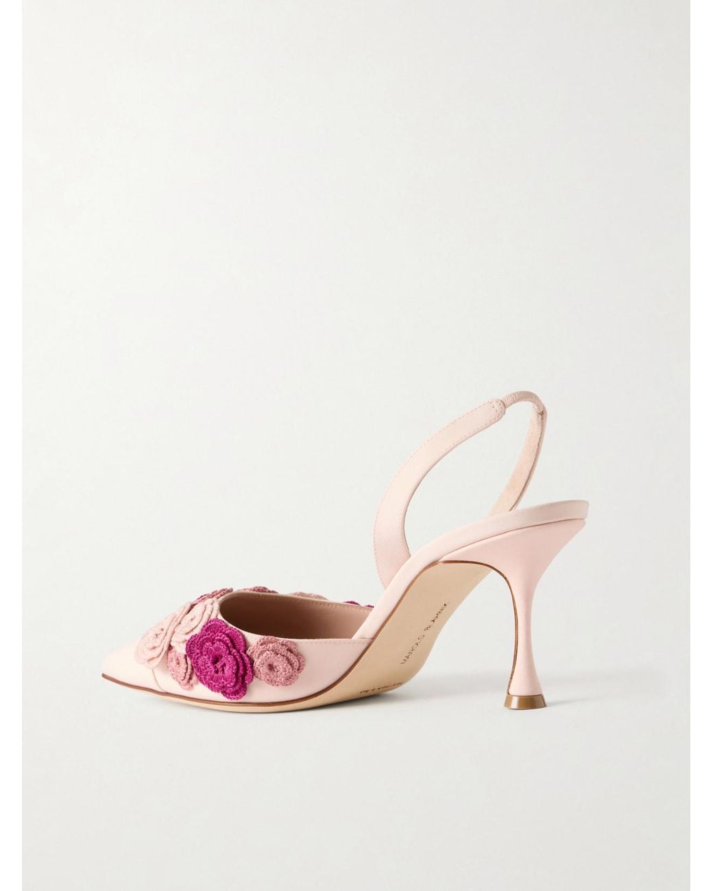 Manolo Blahnik Pink Svemutasli 70 Crochet-Trimmed Leather Pumps