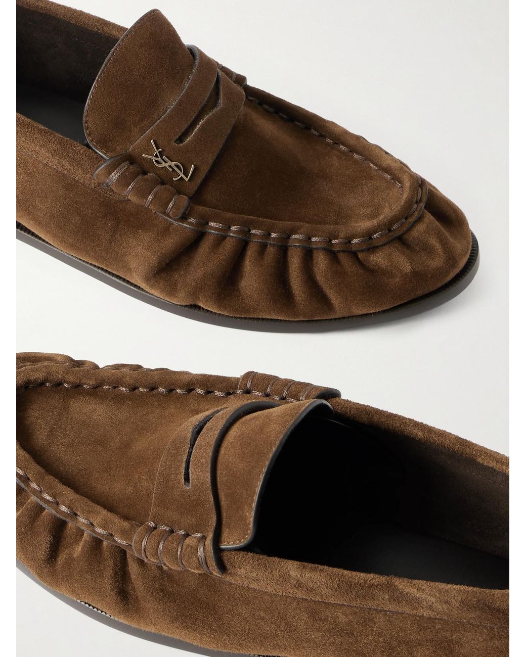 Saint Laurent Brown Le Loafer Cassandre-Embellished Suede Loafers