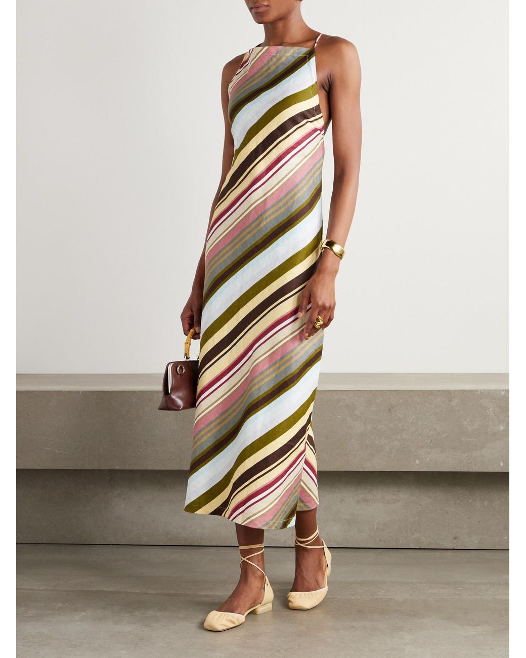 Faithfull the Brand Antibes Open-Back Striped Linen Halterneck Midi Dress  in White | Lyst