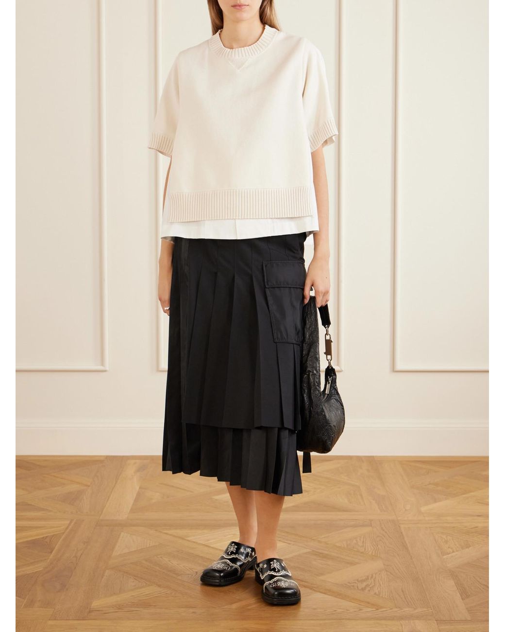 Sacai Black Pleated Twill And Shell Midi Skirt