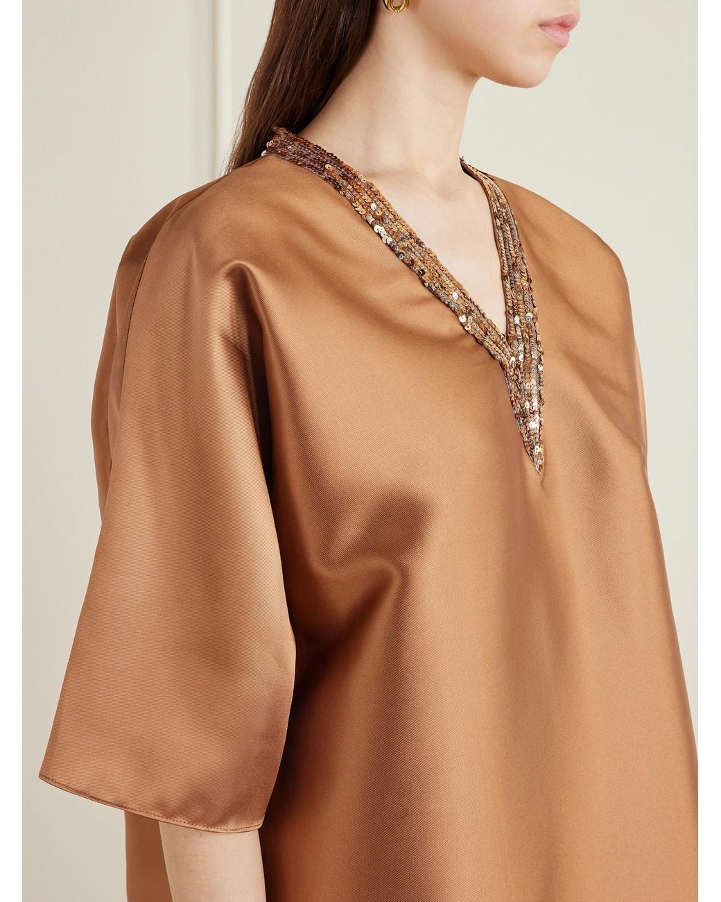 Sequin-Detailed Mikado Kaftan Dima Ayad en coloris Brown