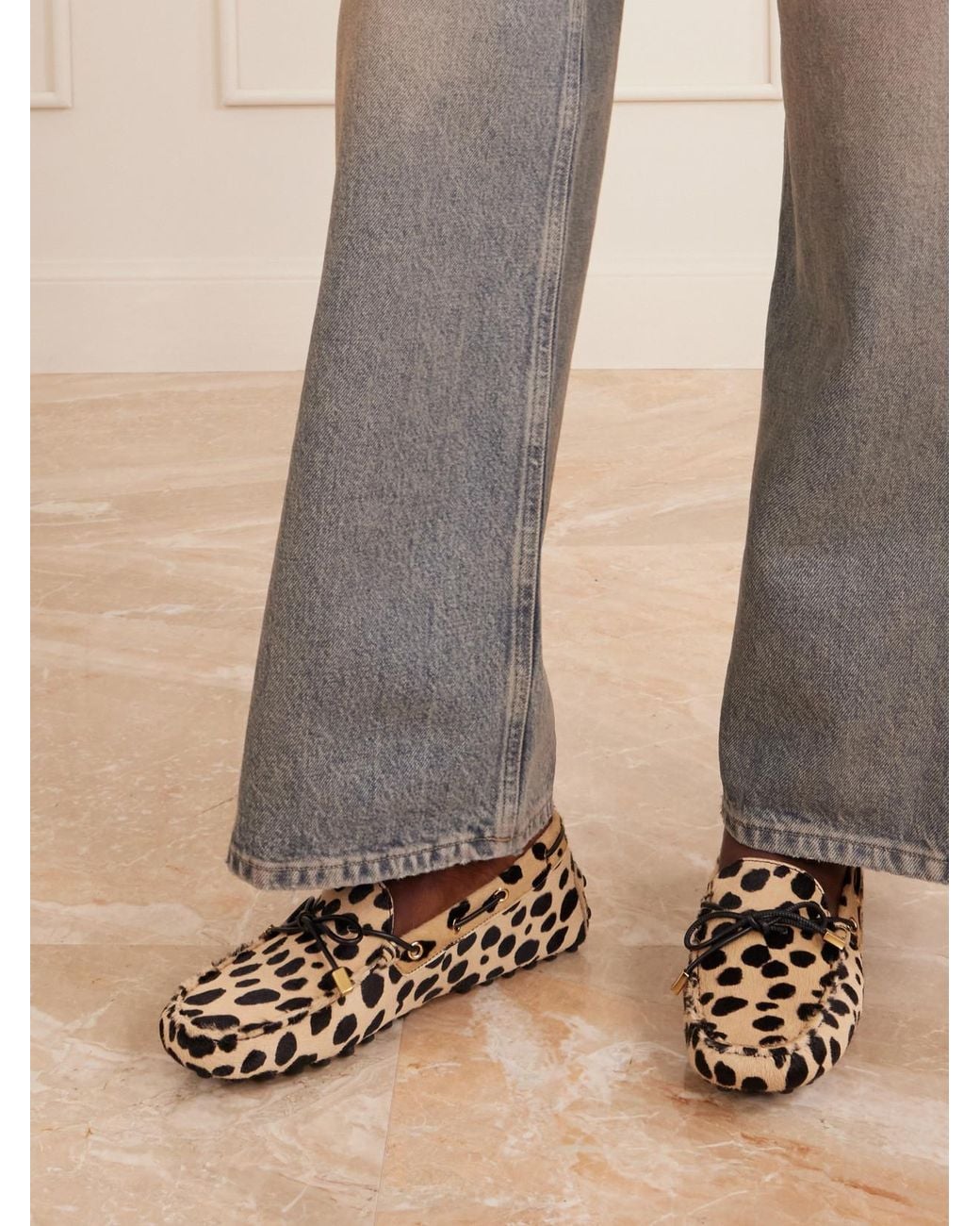 Tod's Natural Gommino Bow-Detail Animal-Print Calf-Hair Loafers