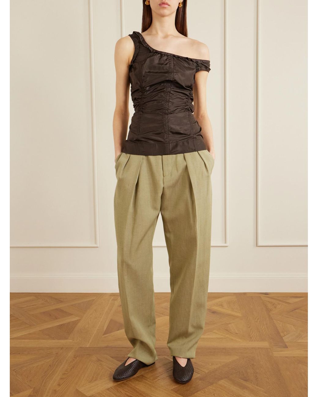 Bottega Veneta Brown Gathered Paneled Silk-Taffeta Tank
