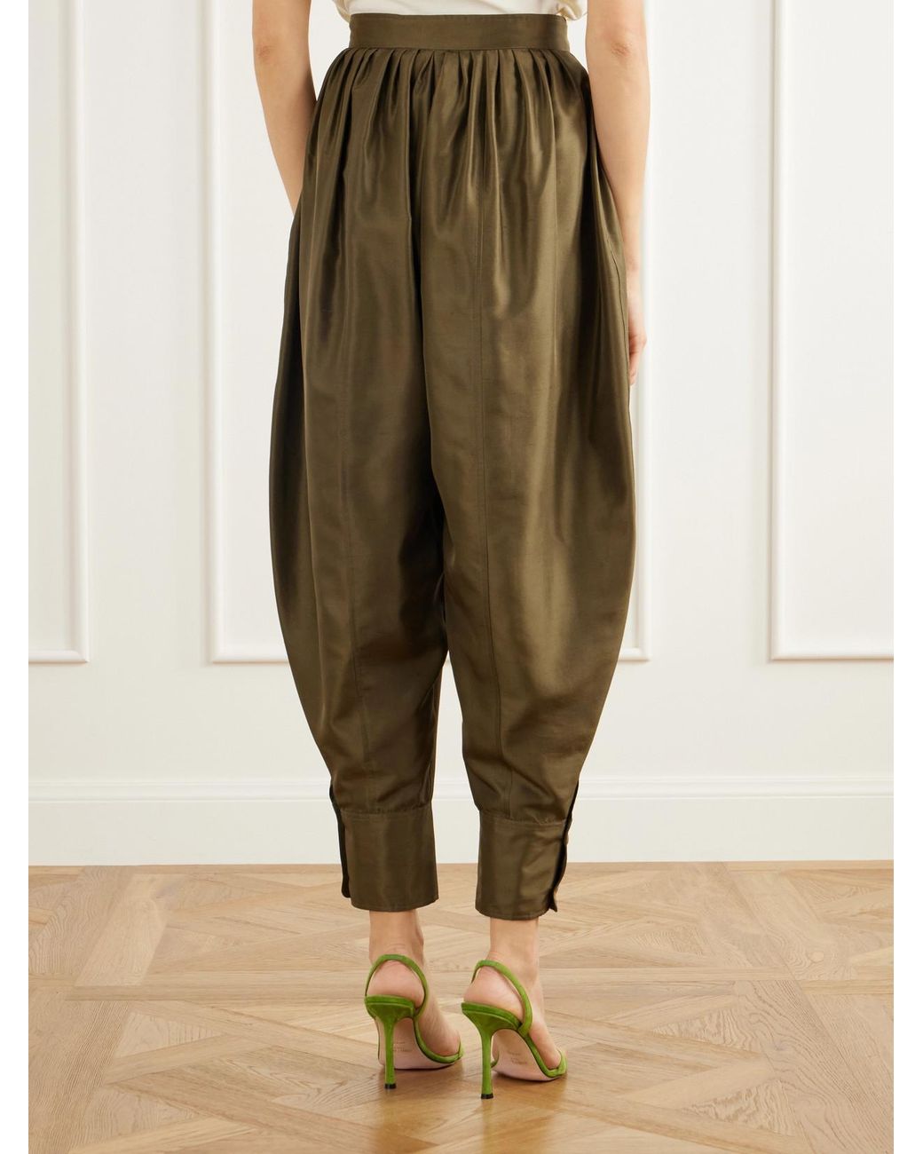 LaDoubleJ Green Harem Pleated Silk-Shantung Tapered Pants