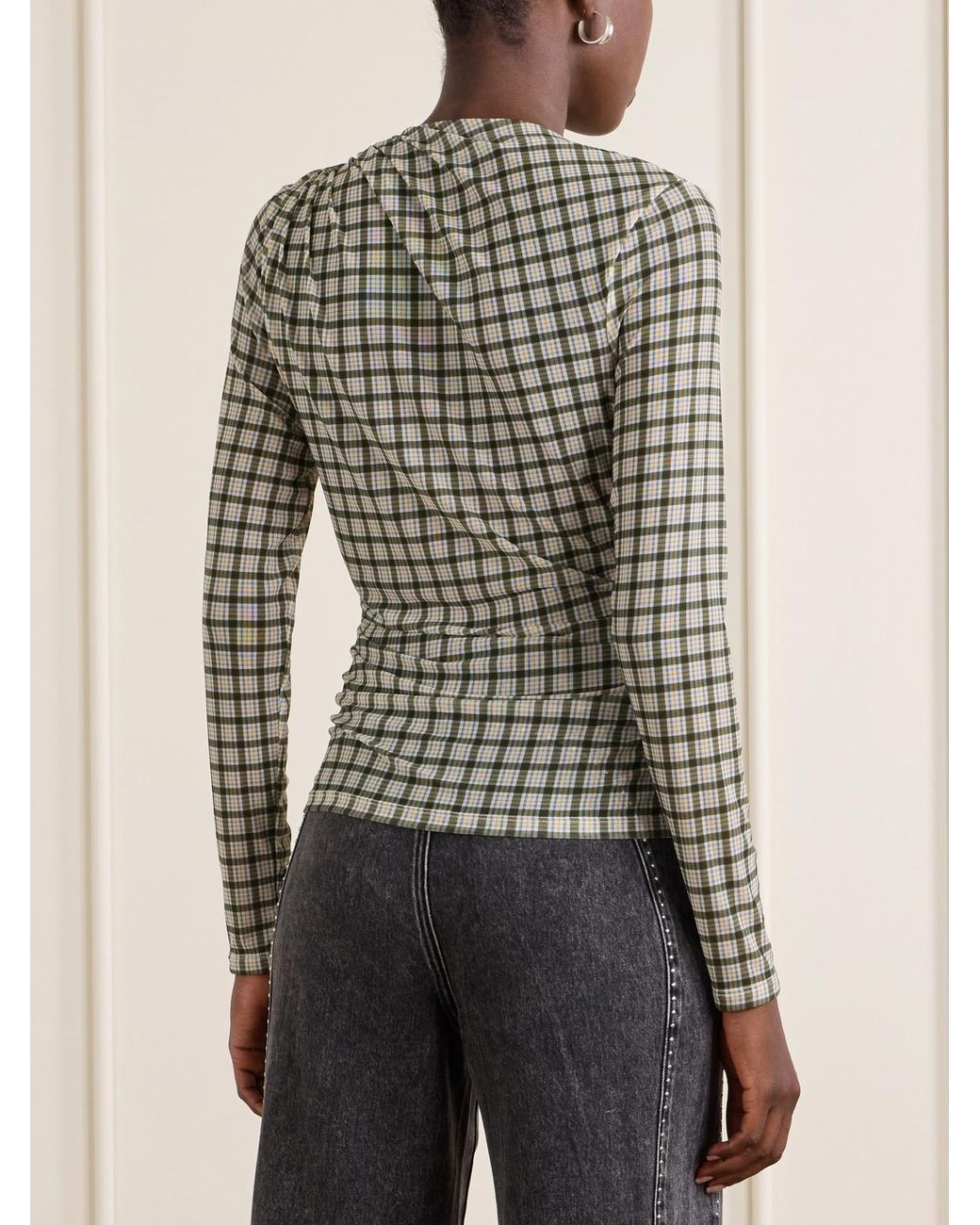 Veronica Beard White Nuvina Gathered Checked Stretch-Mesh Blouse