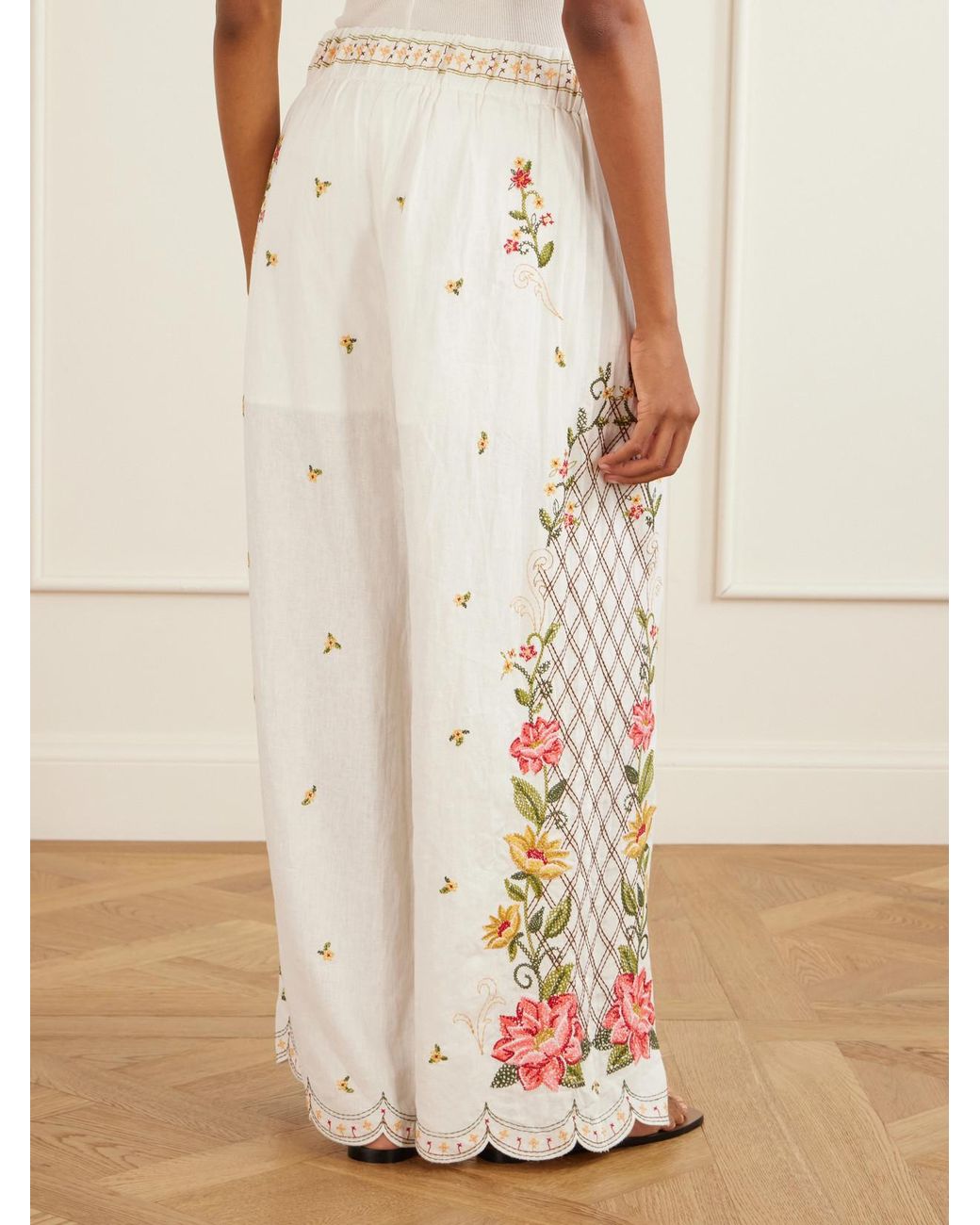 Farm Rio White Embroidered Linen-Blend Wide-Leg Pants