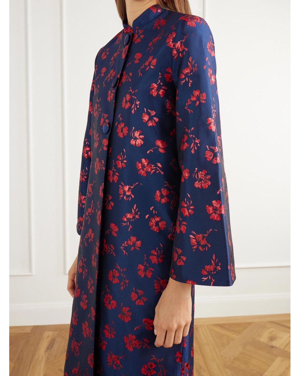 D'Estree Blue Ruby Floral-Jacquard Taffeta Coat