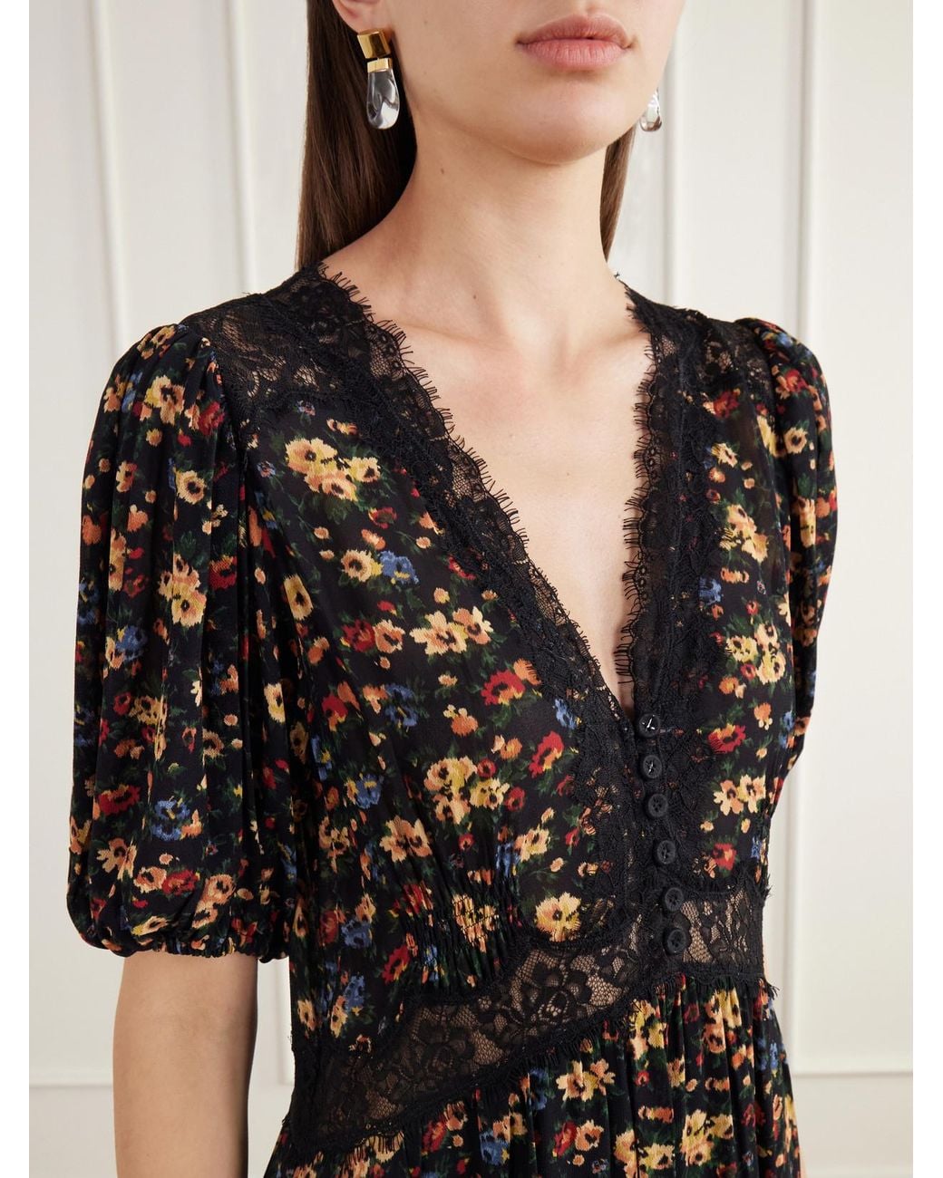 Sea Black Kaiya Floral-Print Lace-Trimmed Crepe De Chine Midi Dress