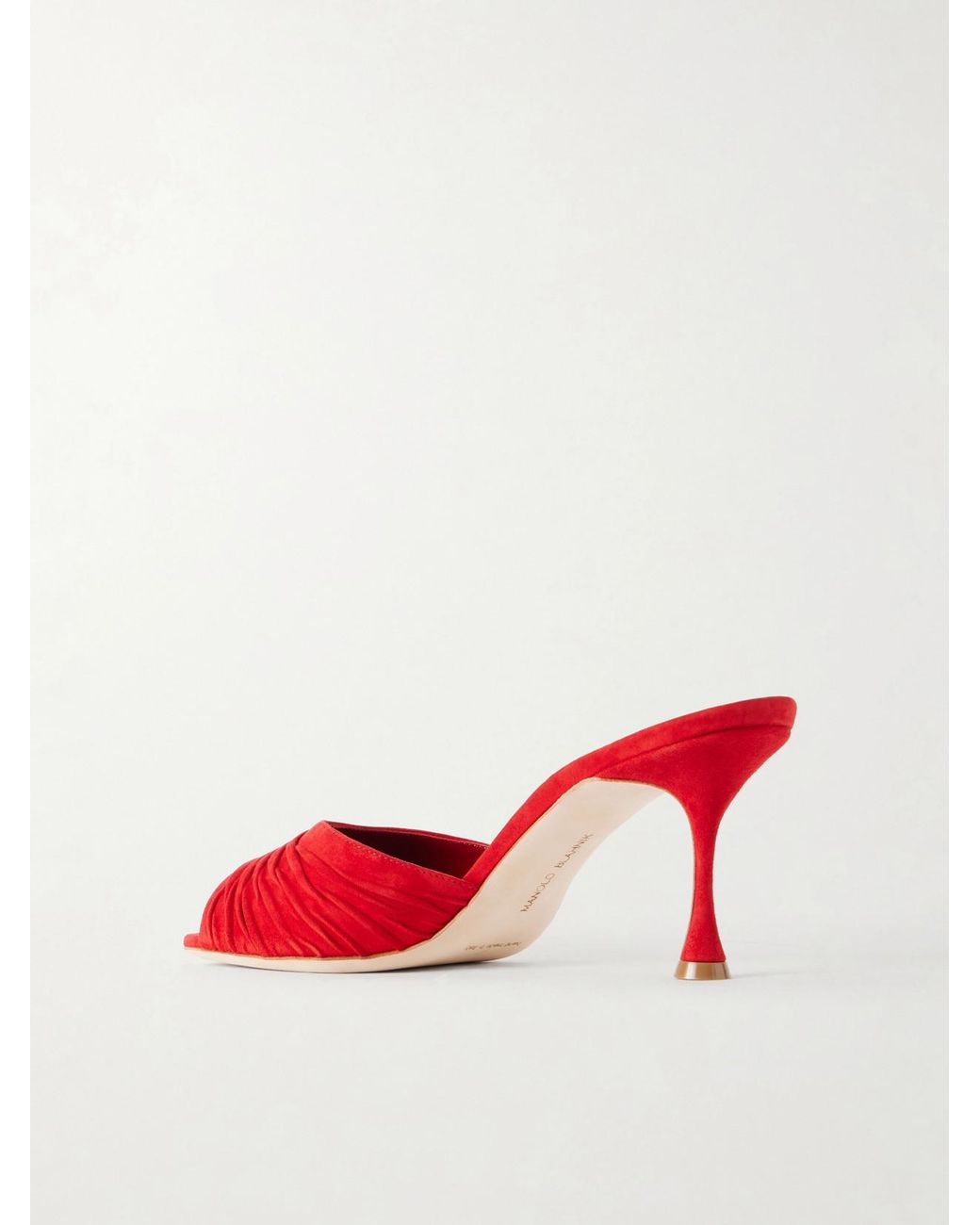 Manolo Blahnik Red Pirua 70 Ruched Suede Mules