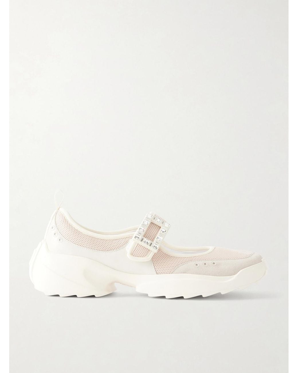 Roger Vivier Natural Viv On The Run Embellished Leather-Trimmed Mesh Mary Jane Sneakers