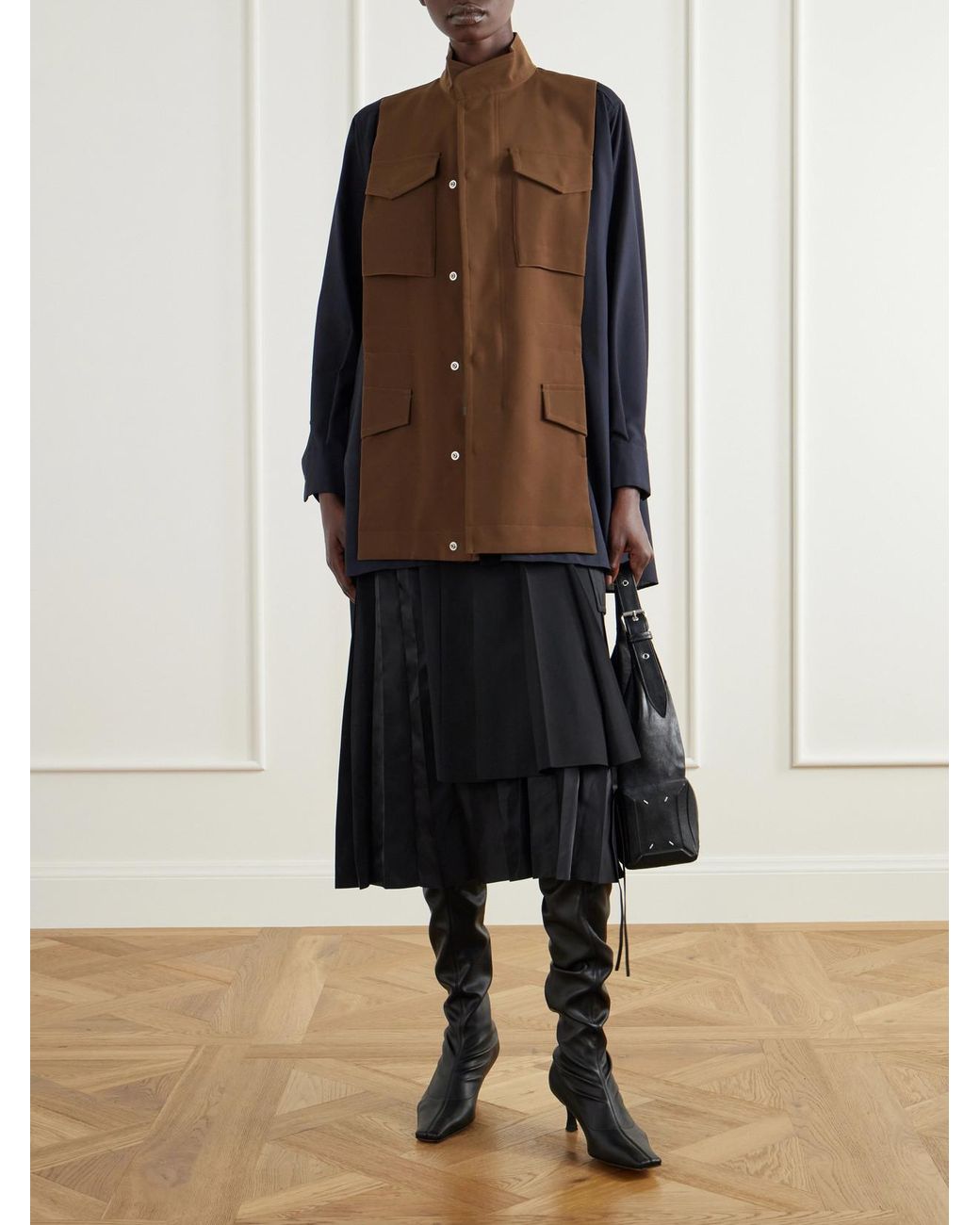 Sacai Brown Crepe-Trimmed Woven Shirt