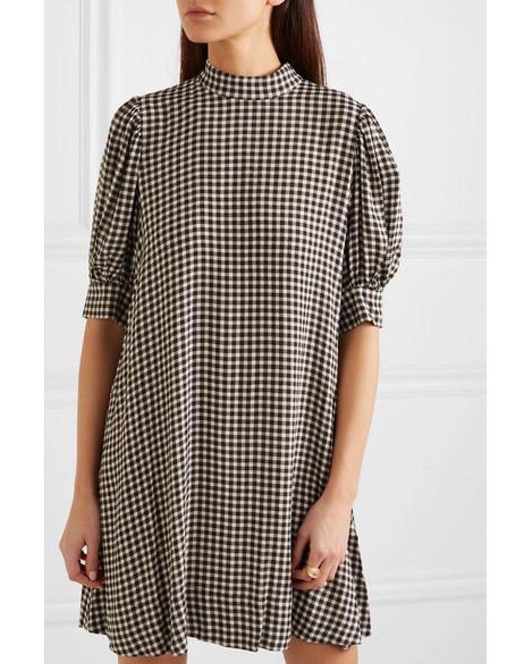 Ganni Gingham Crepe Mini Dress in Black Lyst Australia