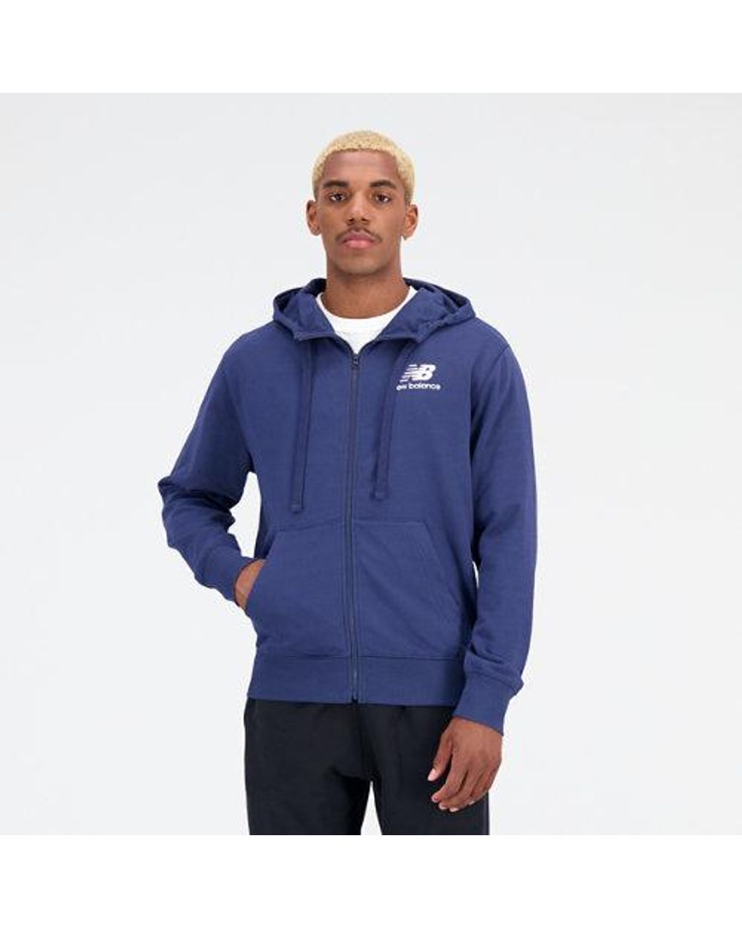New Balance Essentials Stacked Logo French Terry Jacket In Blue Cotton Fleece for men