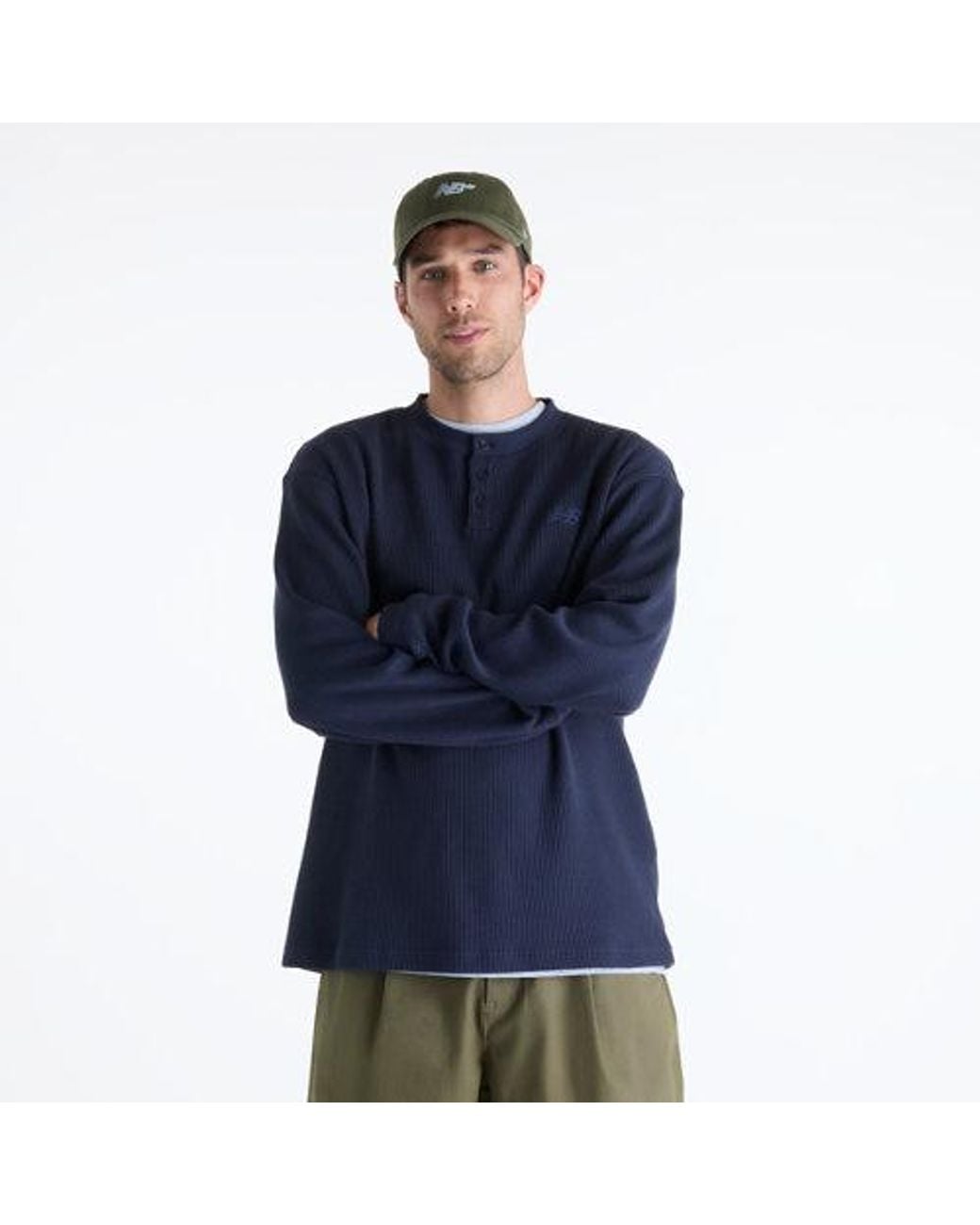 New Balance Blue Numeric Waffle Knit Long Sleeve Henley for men