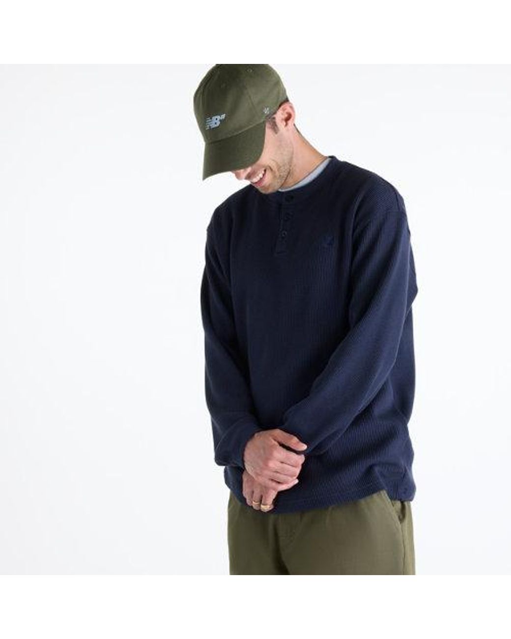 New Balance Blue Numeric Waffle Knit Long Sleeve Henley for men