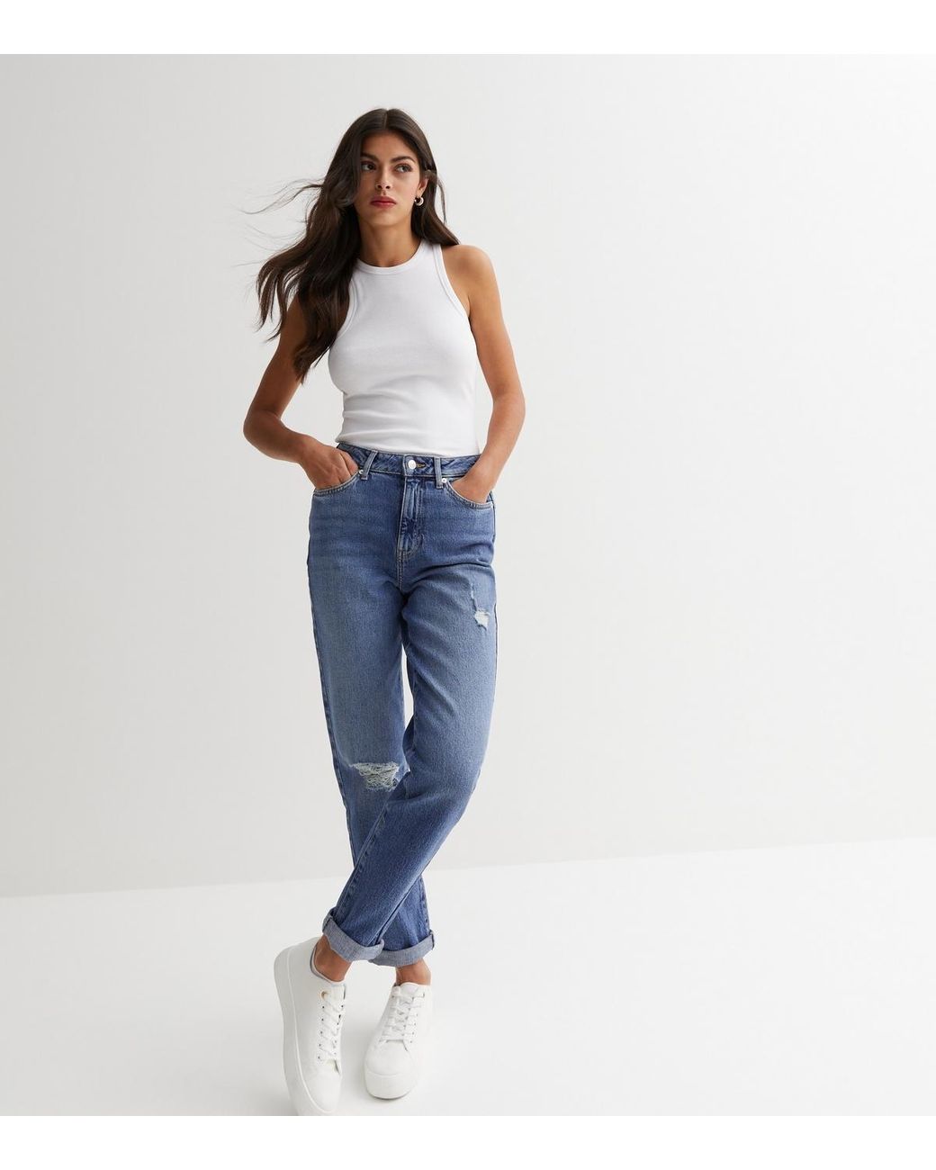 New Look High Waist Ripped Knee Tori Mom Jeans in Blue Lyst UK
