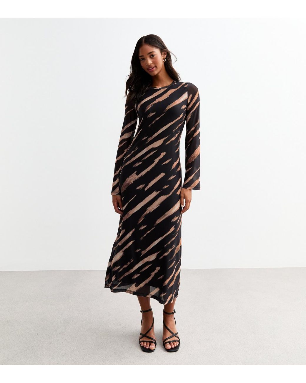 New Look Printed Mesh Long Sleeve Midi Dress in Black Lyst UK