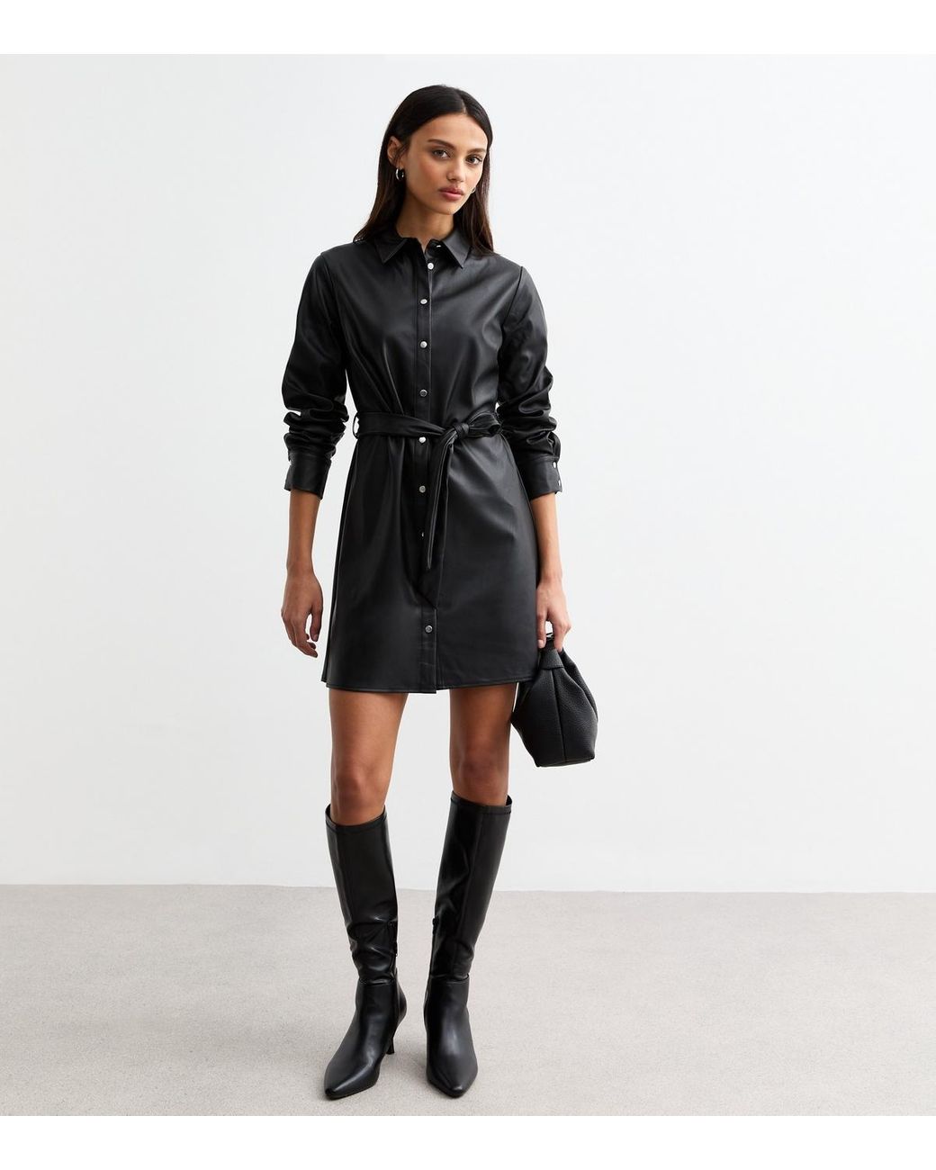 New Look Faux Leather Mini Shirt Dress in Black | Lyst UK