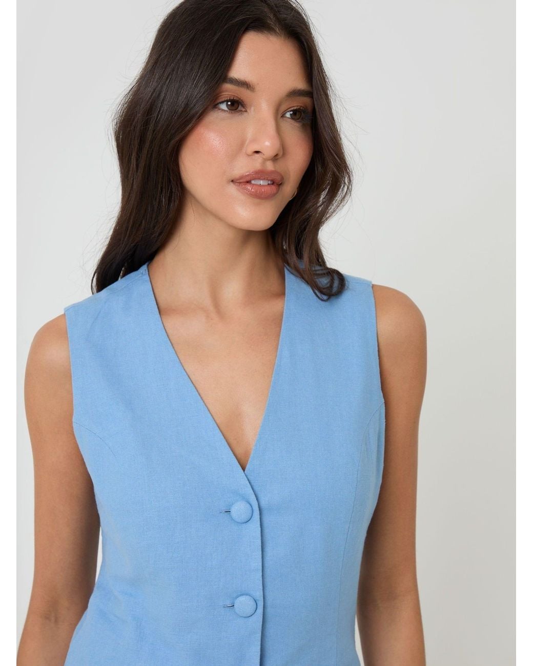 Threadbare Blue Linen Blend V-Neck Waistcoat