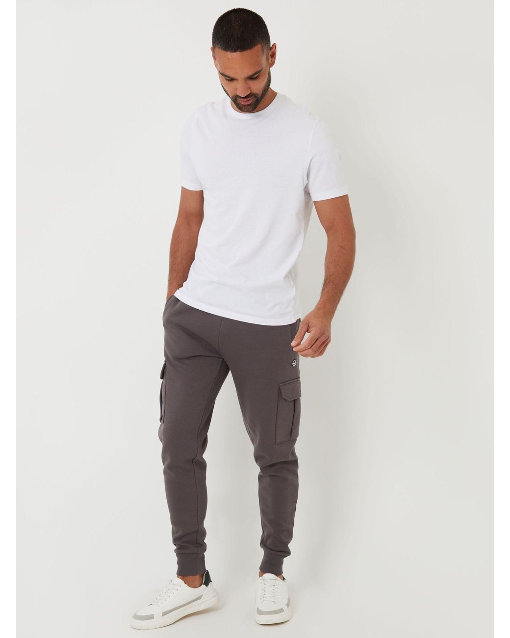 Threadbare Gray Cotton Blend Cuffed Cargo Joggers for men