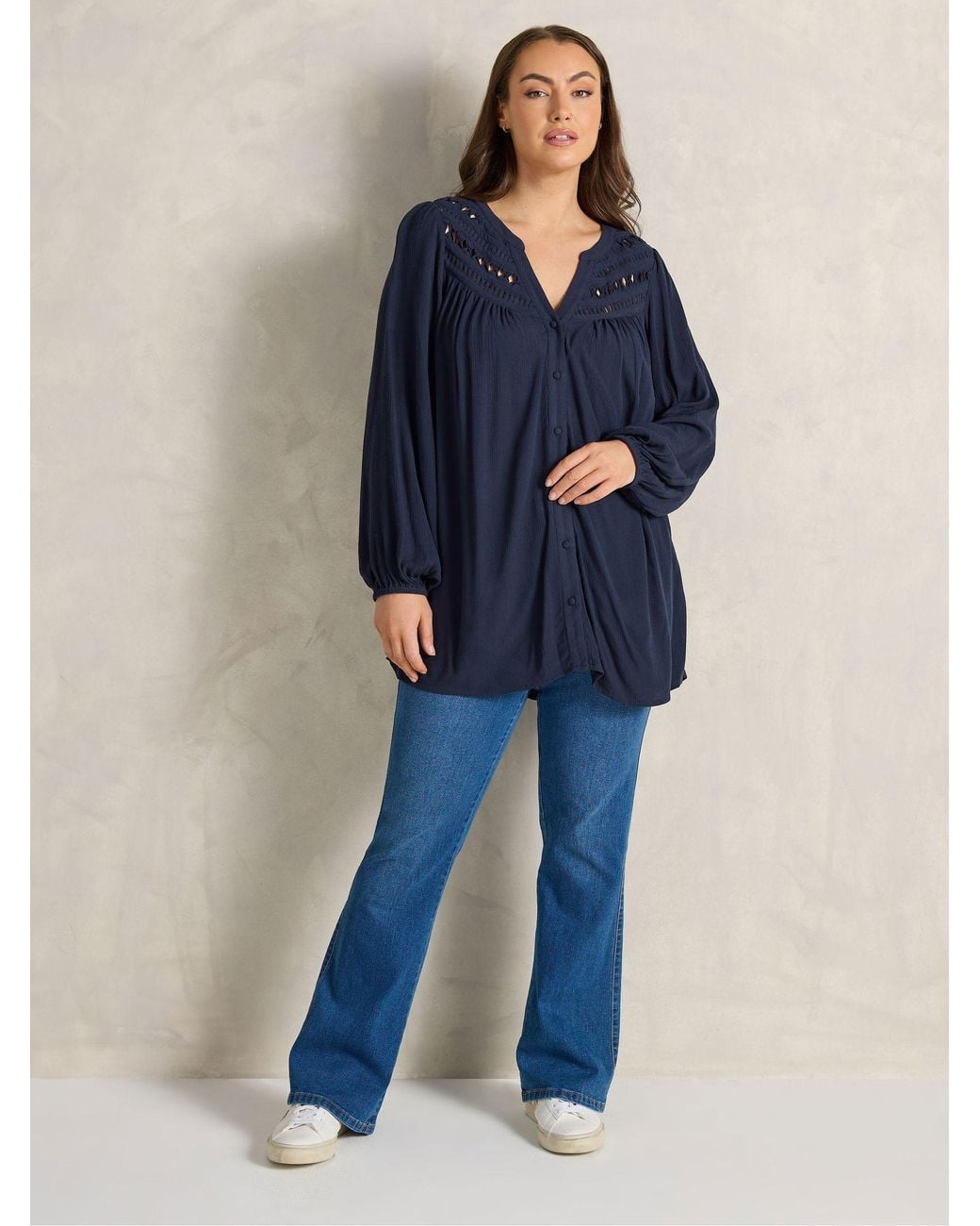 Evans Blue Long Sleeve Macrame Blouse